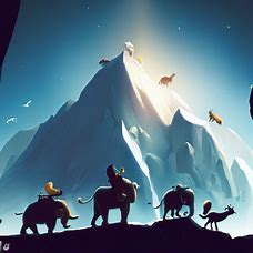 Imagine an illustration of Mount Everest being climbed by a group of adventurous animals.