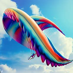 Create an image of a colorful parade float shaped like a paraglider soaring in the sky.