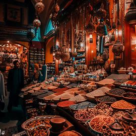 A vibrant local market scene filled with exotic spices, craftsmanship, and unique products. Image 3 of 4
