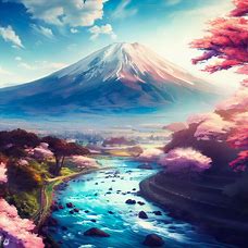 Create a breathtaking panoramic view of Mount Fuji with a river running through its base and cherry blossom trees surrounding it.