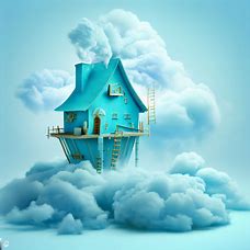 Build a whimsical house made of blue clouds