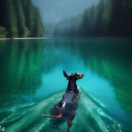 Create an image of a doberman taking a leisurely swim in a crystal clear lake. The water should be turquoise blue, surrounded by lush green forests and. Image 3 of 4