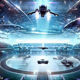 Create an image of a futuristic sports arena filled with high-tech gadgets and sleek design, with flying vehicles soaring above.