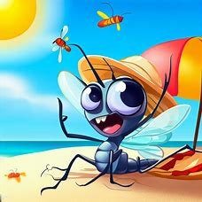 Imagine a cute and playful cartoon mosquito enjoying a summer day at the beach.