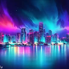Illustrate a breathtaking, neon-lit nighttime view of the Miami skyline