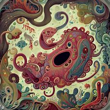 Create an intricate, whimsical depiction of an amoeba, surrounded by fantastic creatures and plants of your imagination.