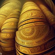 Create an image of a giant stack of gold coins with intricate designs and patterns.