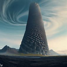 Imagine a massive, towering basalt tower that starts as a wide base and spirals up into the sky creating a magnificent architectural feat.