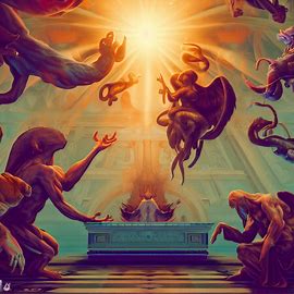 Visualize a surreal vision of the Sistine Chapel, with otherworldly creatures integrated into the classic artwork.. Image 2 of 4