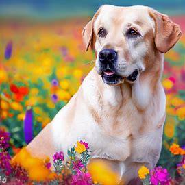 Show a Labrador dog in the middle of a vibrant and colorful flower field.. Image 3 of 4