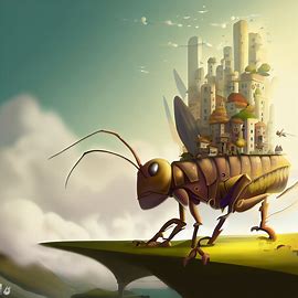 Design a scene with a giant cricket holding a tiny city on its back. Image 1 of 4