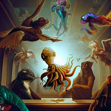 Visualize a surreal vision of the Sistine Chapel, with otherworldly creatures integrated into the classic artwork.