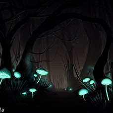 Illustrate a dark and imaginative black forest with glowing mushrooms.