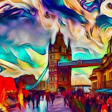 Create a surreal and colorful depiction of Tower Bridge in London, England with a bustling marketplace in the foreground.