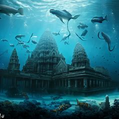 Visualize Angkor Wat under water, with sea creatures floating in and around the temple