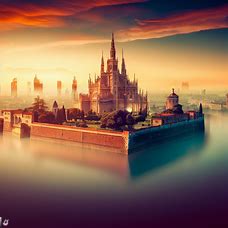 A floating cityscape of Milan at sunset with its famous landmarks, the Cathedral of Milan and the Sforza Castle.