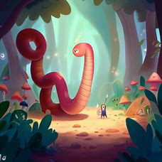 Create a whimsical scene featuring an earthworm as the main character, exploring a magical forest.
