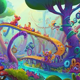 Design a whimsical roller coaster that winds its way through a magical forest filled with colorful creatures and fanciful landscapes.. Image 2 of 4