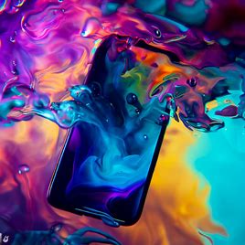 Envision an iPhone XR dipped in a pool of vibrant colors, show the phone being used underwater as a communication device that