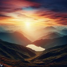 A beautiful sunset unraveled on a mountain landscape with a lake
