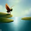 Illustrate a cricket standing at the edge of a lily pad while gazing into a calm pond.