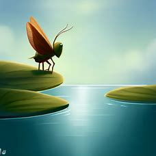 Illustrate a cricket standing at the edge of a lily pad while gazing into a calm pond.
