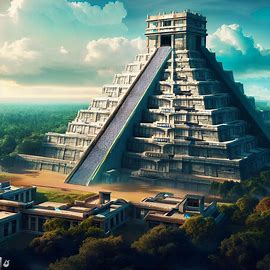 Visualize Chichen Itza as a towering, futuristic city that blends the ancient and the modern in a unique and exciting way.. Image 3 of 4