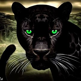 Design a black jaguar with piercing green eyes, set against a backdrop of the Amazon rainforest.. Image 4 of 4