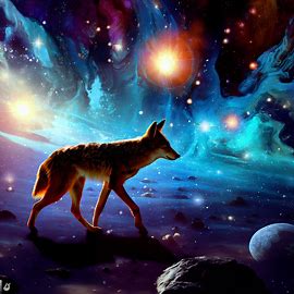 Imagine a coyote walking through a galaxy filled with stars and asteroids. Image 2 of 4