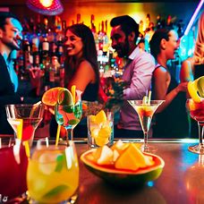 A vibrant and colorful bar scene with cocktail glasses, fruit garnishes, and eclectic mix of people conversing and laughing