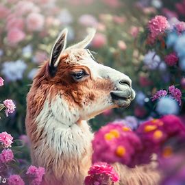 A lama surrounded by beautiful blooming flowers. Image 3 of 4