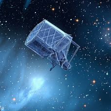 Draw the James Webb Space Telescope floating in the distant reaches of space, its delicate structure shining against the backdrop of stars.