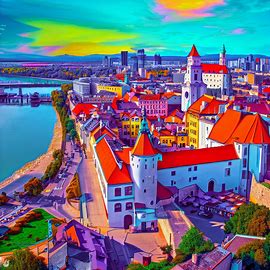 Imagine a colorful bird's eye view of the Bratislava fortress and Old Town Square against the backdrop of the Danube River.. Image 4 of 4