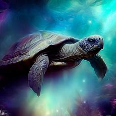 Create an image of a snapping turtle in a magical underwater world