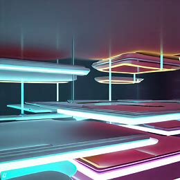 Create an abstract, futuristic restaurant with floating tables and neon lights.