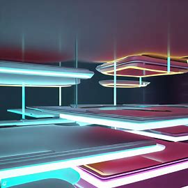 Create an abstract, futuristic restaurant with floating tables and neon lights.. Image 1 of 4