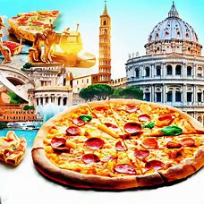 A collage of famous landmarks and symbols of Rome, such as the Colosseum, the Vatican, the Trevi Fountain, and a pizza