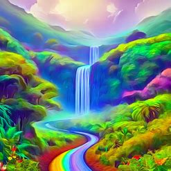 Draw a fantastical, whimsical image of the Road to Hana, with a rainbow of colorful flora and fauna, rolling green hills, and a graceful waterfall cascading into a lush valley.