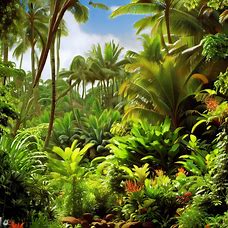 Depict a tropical paradise scene with lush vegetation and exotic wildlife on the island of Kauai.