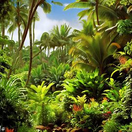 Depict a tropical paradise scene with lush vegetation and exotic wildlife on the island of Kauai.. Image 1 of 4