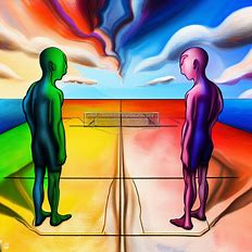 Draw a surrealistic version of two teams facing each other on a volleyball court made of rainbow-colored sand