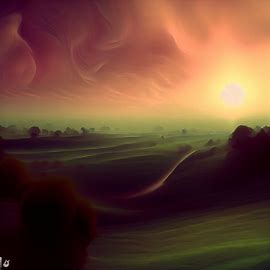 Create a surreal landscape showing the countryside at dawn or sunset.. Image 4 of 4