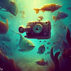 Imagine a whimsical underwater world where fish take pictures with a sea camera.