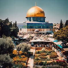 The iconic image of the Dome of the Rock, a stunning temple located in the heart of Jerusalem, surrounded by lush gardens and bustling markets.