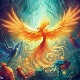 Illustrate a mystical phoenix surrounded by mystical creatures in a enchanted forest.. Image 3 of 4