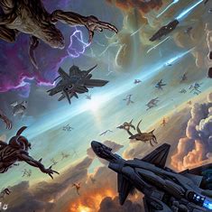 Depict an epic space battle taking place on the Sistine Chapel ceiling, with spaceships and alien creatures seized in motion.