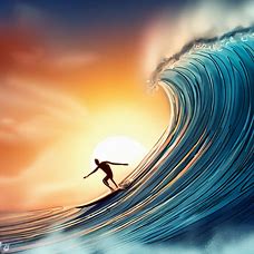 Draw a surfer gliding down a huge wave, with the sun setting in the background.