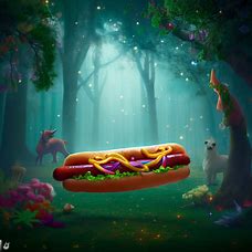 How would a hot dog look if it was part of an enchanted forest scene? Can you add some magical creatures like unicorns, dragons, and fairies to enhance the enchanting atmosphere?