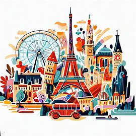 Create an imaginative illustration of the iconic landmarks and features of different countries in Europe. Image 4 of 4