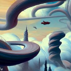 Paint a surrealist cityscape with twisting skyscrapers and flying cars navigating among the clouds.